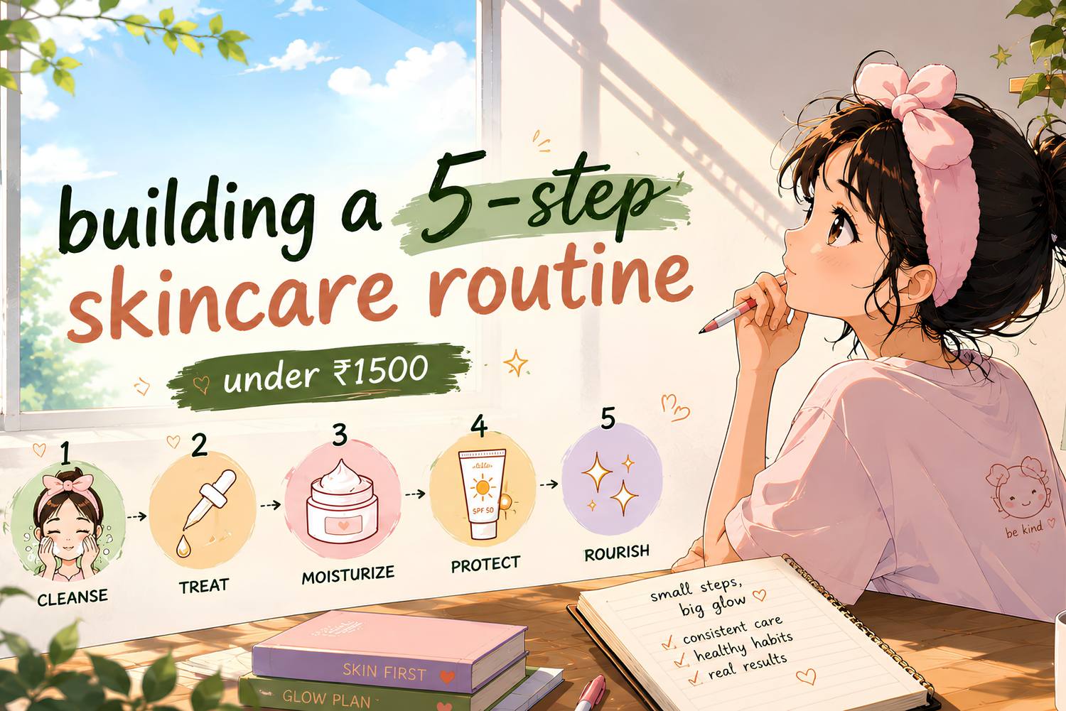 A solid skincare routine doesn't need ten products or a five-figure budget. Here's a real 5-step routine, with real products and real prices, under Rs 1500