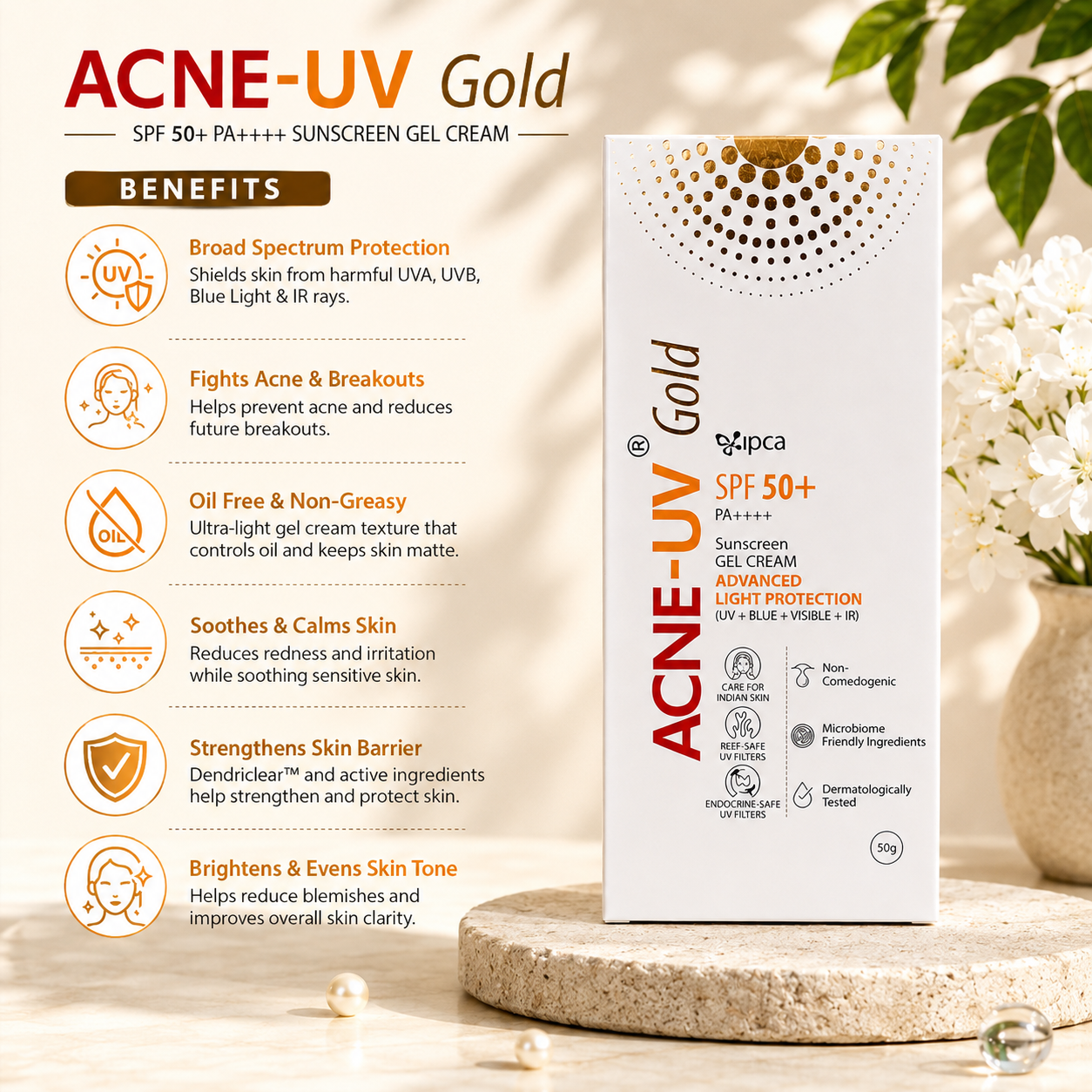 Acne-UV Gold SPF 50+ PA++++ Sunscreen Gel Cream 50g