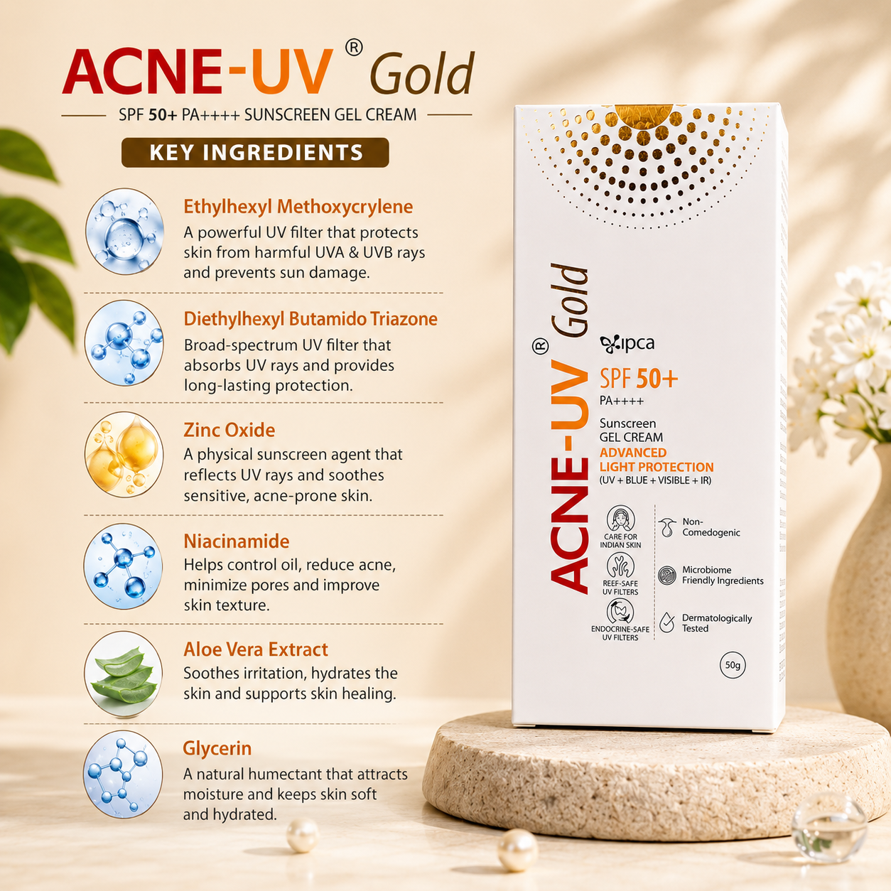 Acne-UV Gold SPF 50+ PA++++ Sunscreen Gel Cream 50g