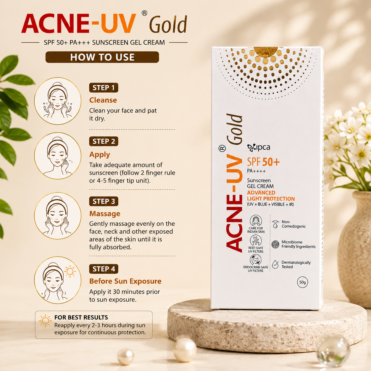 Acne-UV Gold SPF 50+ PA++++ Sunscreen Gel Cream 50g