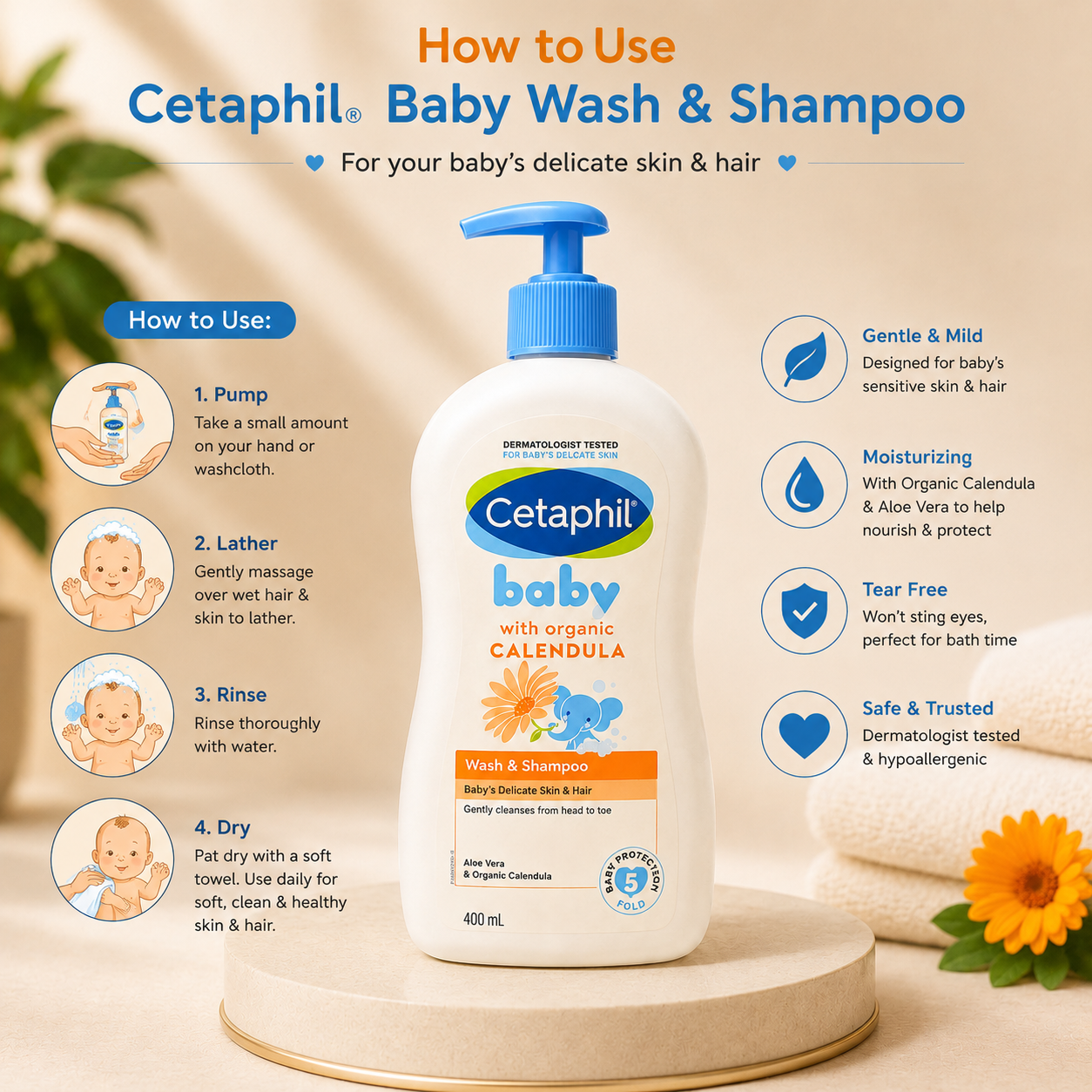 Cetaphil Baby Wash & Shampoo with Organic Calendula (400 ml)