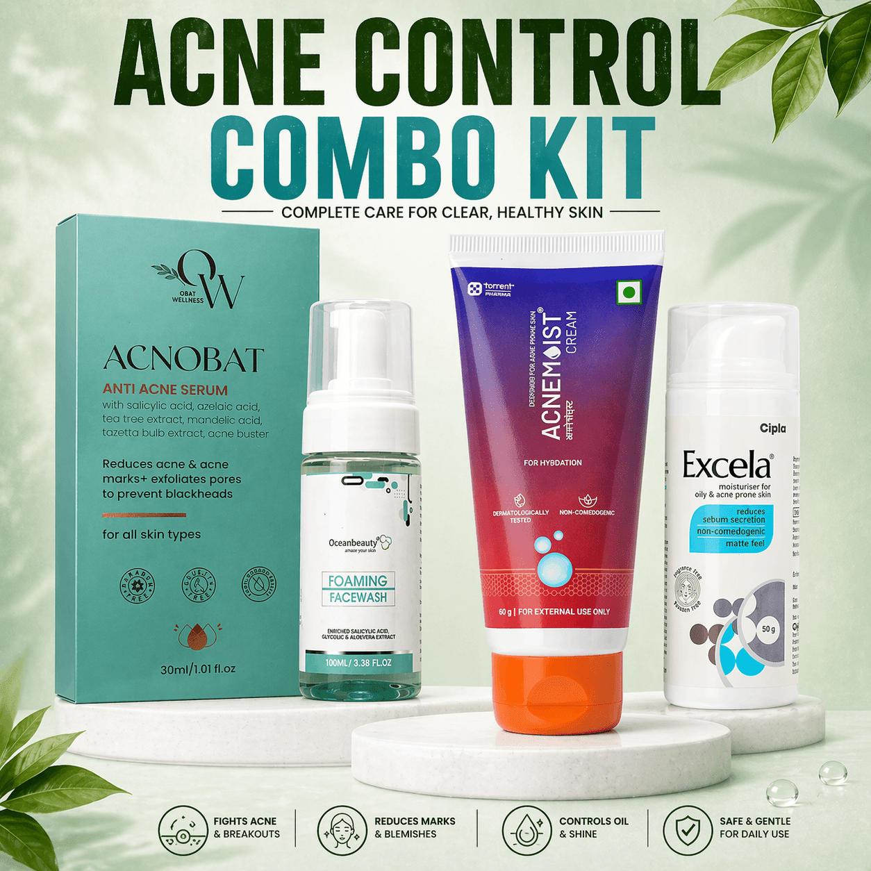 Acnobat Anti Acne Serum | Oceanbeauty Foaming Face Wash | Acnemoist Cream | Excela Moisturiser for Oily & Acne Prone Skin - Cosmosentials