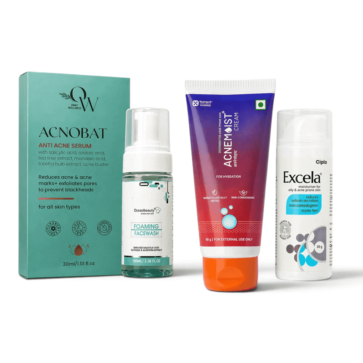 Acnobat Anti Acne Serum | Oceanbeauty Foaming Face Wash | Acnemoist Cream | Excela Moisturiser for Oily & Acne Prone Skin - Cosmosentials