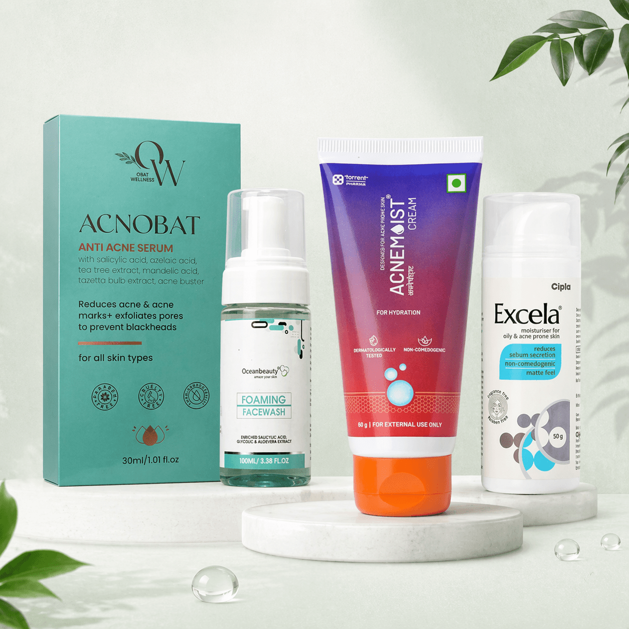 Acnobat Anti Acne Serum | Oceanbeauty Foaming Face Wash | Acnemoist Cream | Excela Moisturiser for Oily & Acne Prone Skin - Cosmosentials
