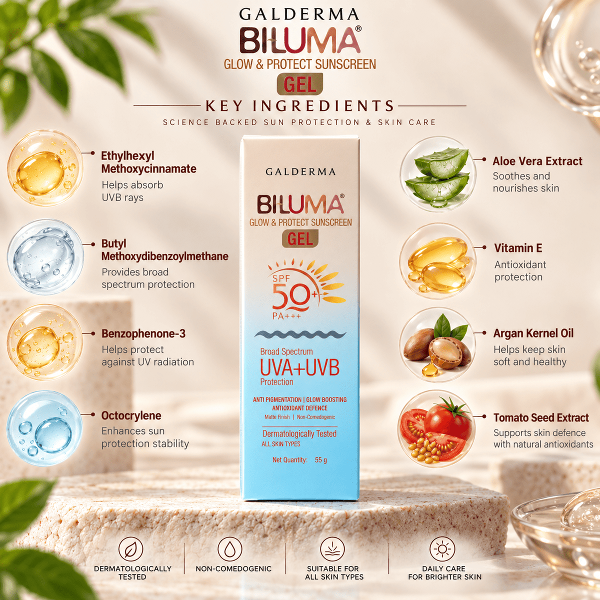 Biluma Glow & Protect Sunscreen Gel SPF 50+ PA+++ - Cosmosentials