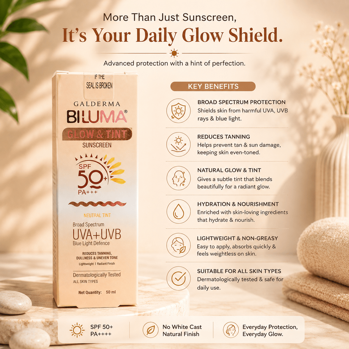 Biluma Glow & Tint Sunscreen SPF 50+ PA+++ - Cosmosentials