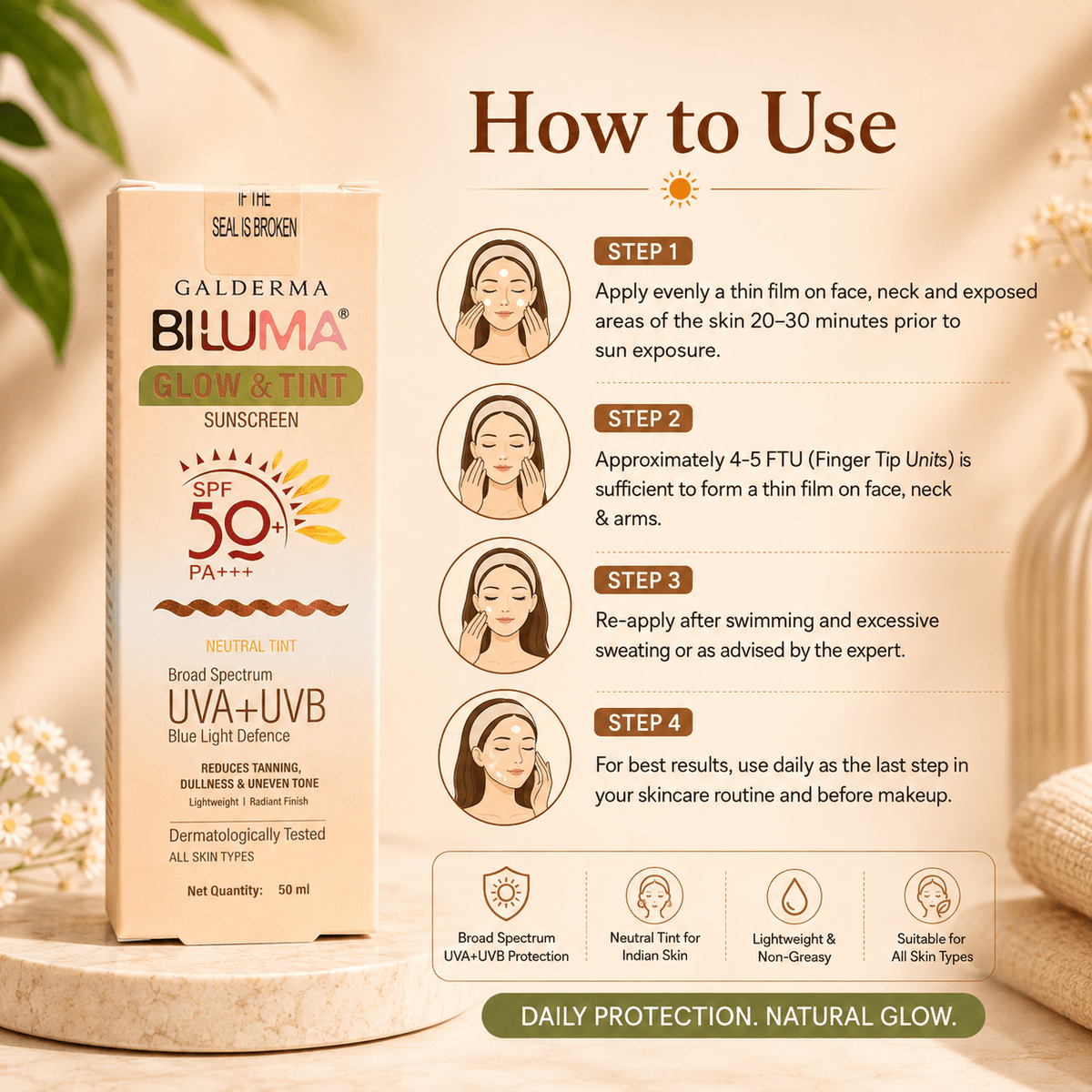 Biluma Glow & Tint Sunscreen SPF 50+ PA+++ - Cosmosentials