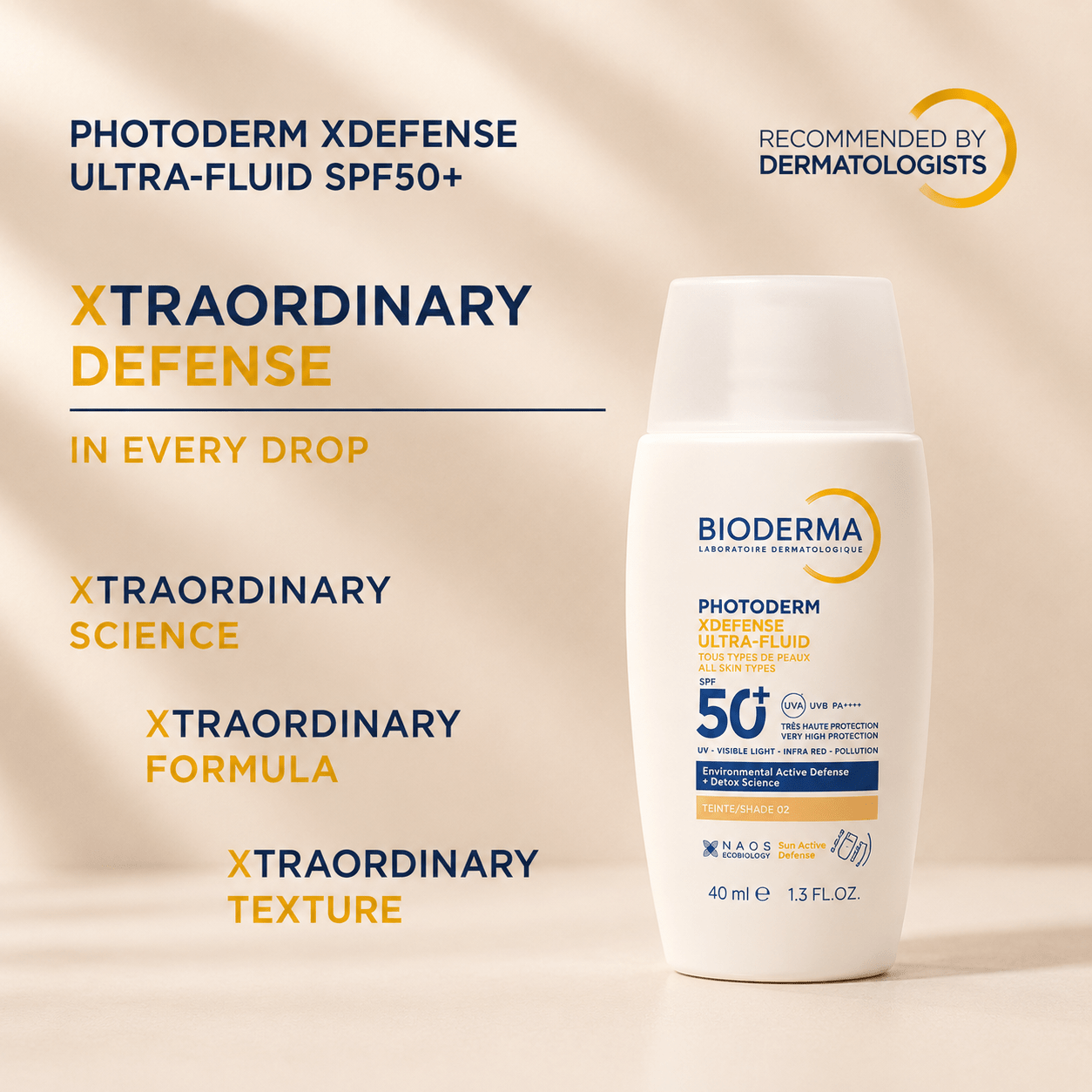 Bioderma Photoderm XDefense Ultra-Fluid SPF 50+ PA++++ (Teinteshade02 Sunscreen) - Cosmosentials