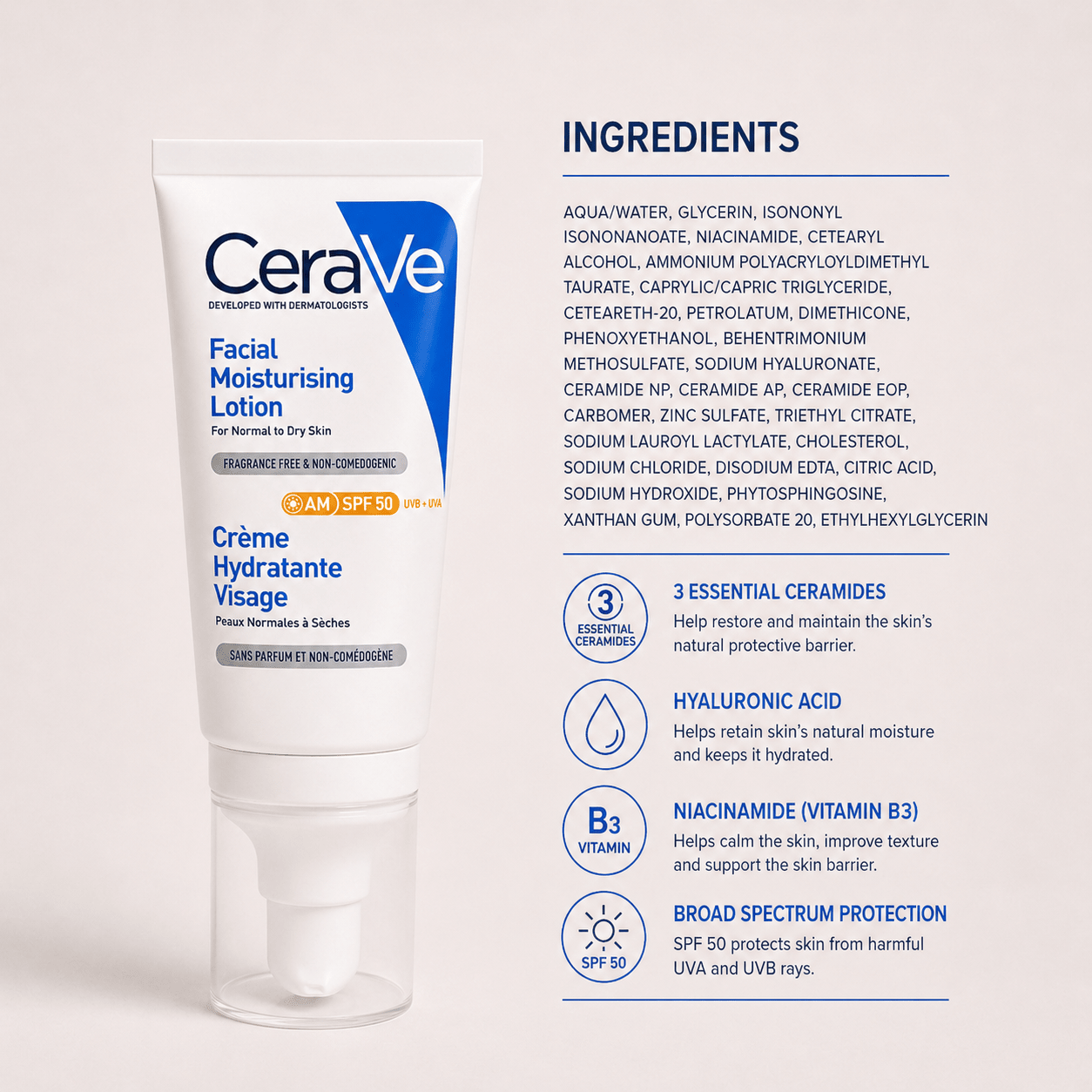 CeraVe AM Facial Moisturising Lotion SPF 50 - Cosmosentials