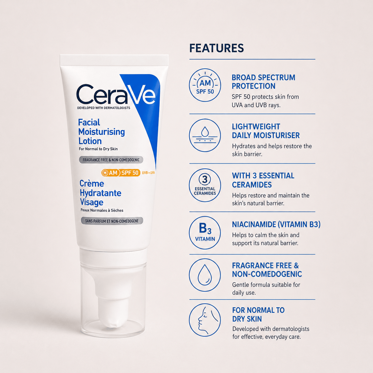 CeraVe AM Facial Moisturising Lotion SPF 50 - Cosmosentials
