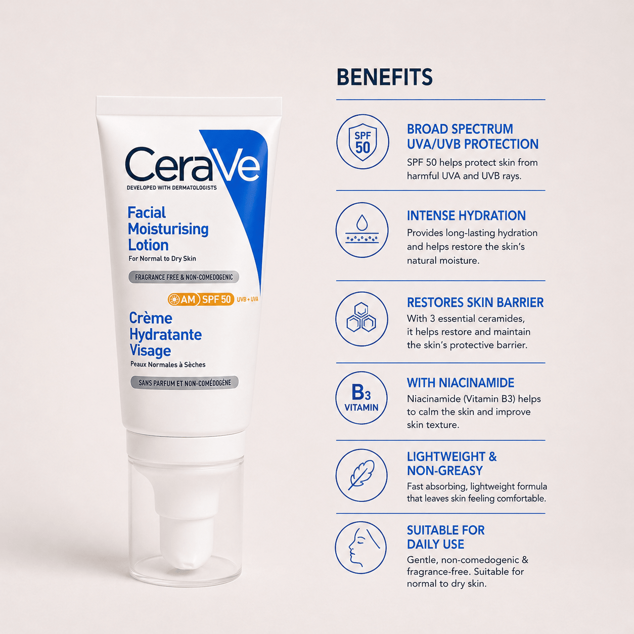 CeraVe AM Facial Moisturising Lotion SPF 50 - Cosmosentials