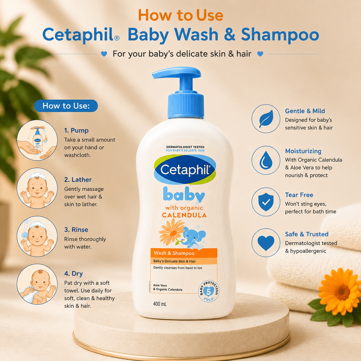 Cetaphil Baby Wash & Shampoo with Organic Calendula (400 ml) - Cosmosentials