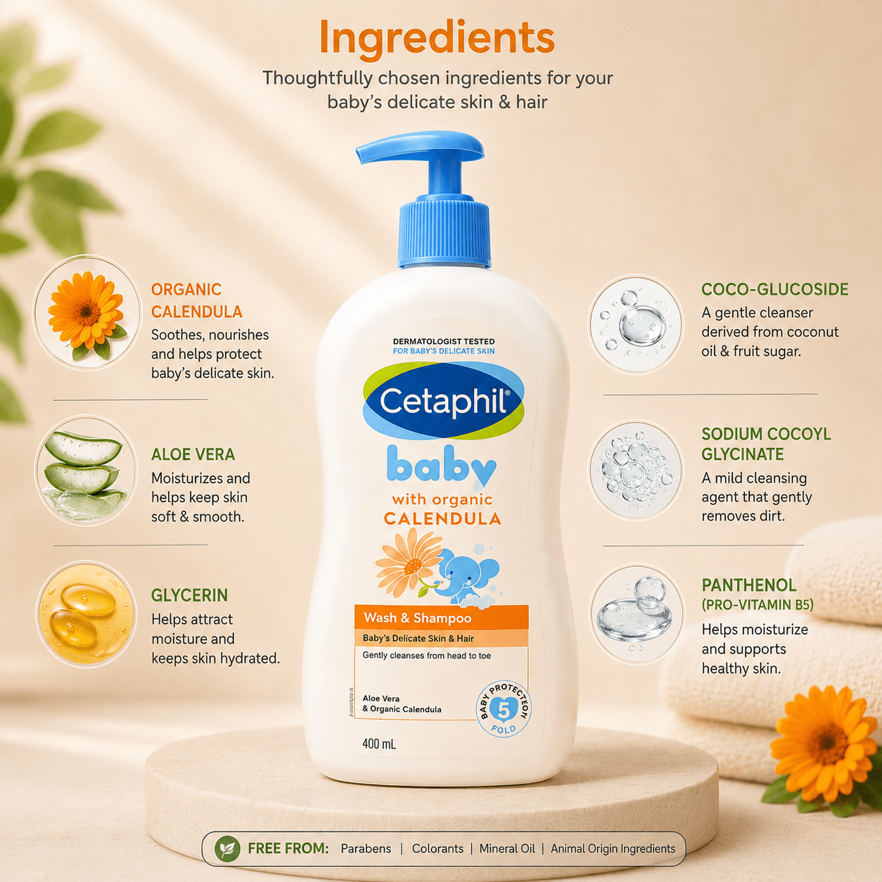 Cetaphil Baby Wash & Shampoo with Organic Calendula (400 ml) - Cosmosentials