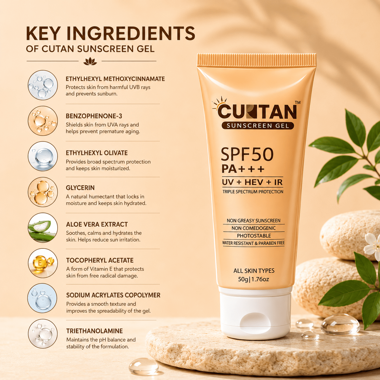 Curtan Sunscreen Gel SPF 50 PA+++ - Cosmosentials