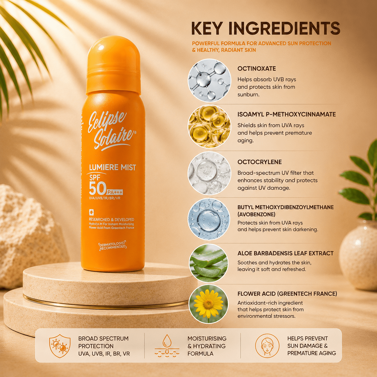 Eclipse Solaire Lumiere Mist SPF 50 PA+++ Sunscreen Spray - Cosmosentials