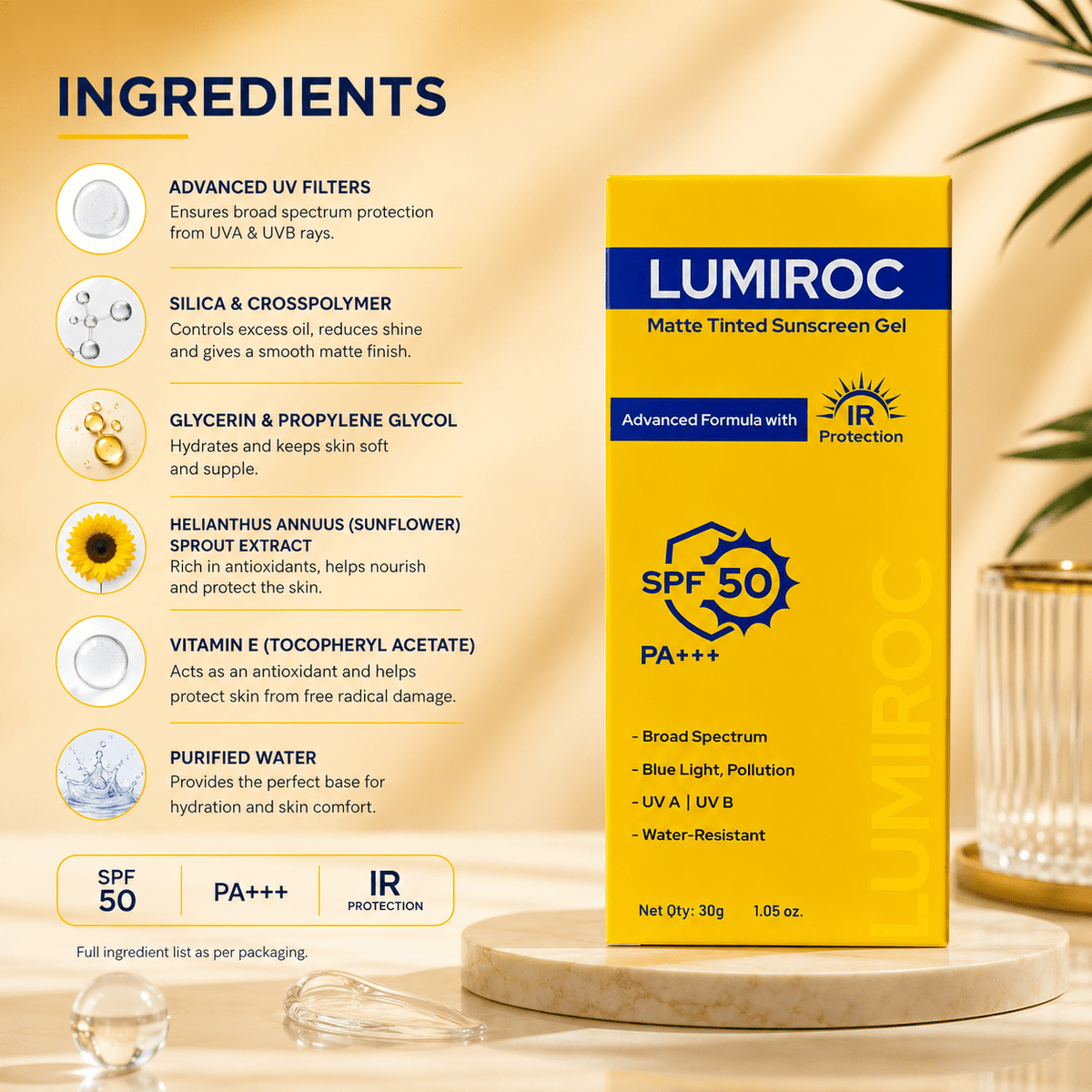 LUMIROC Matte Tinted Sunscreen Gel SPF 50 PA+++ - Cosmosentials