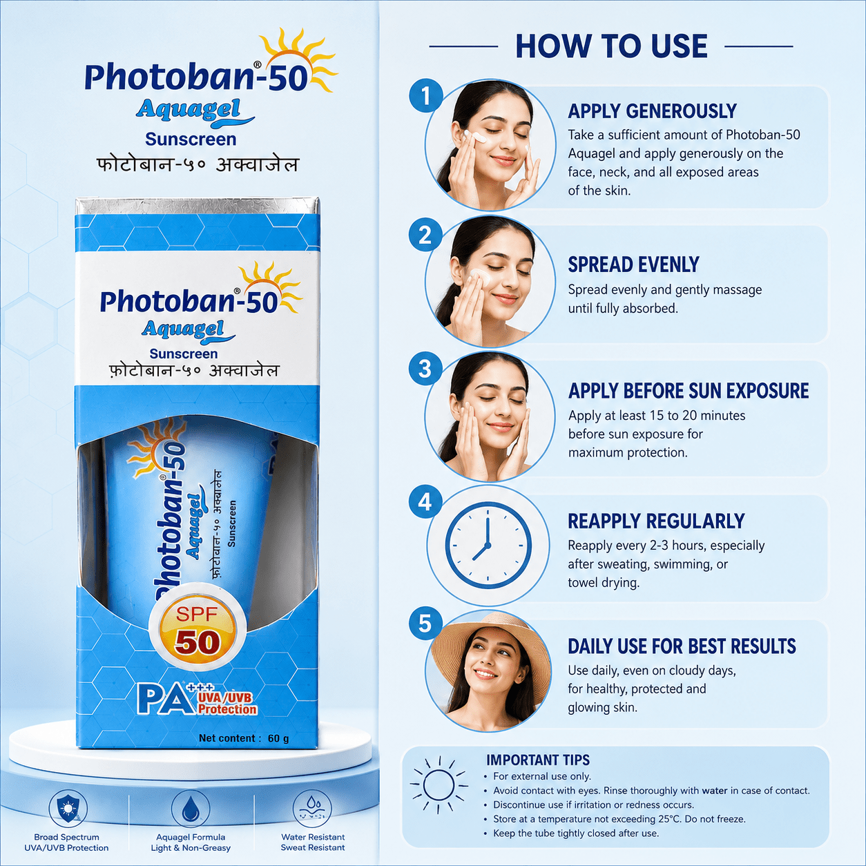 Photoban-50 Aquagel Sunscreen SPF 50 PA+++ (60g) - Cosmosentials