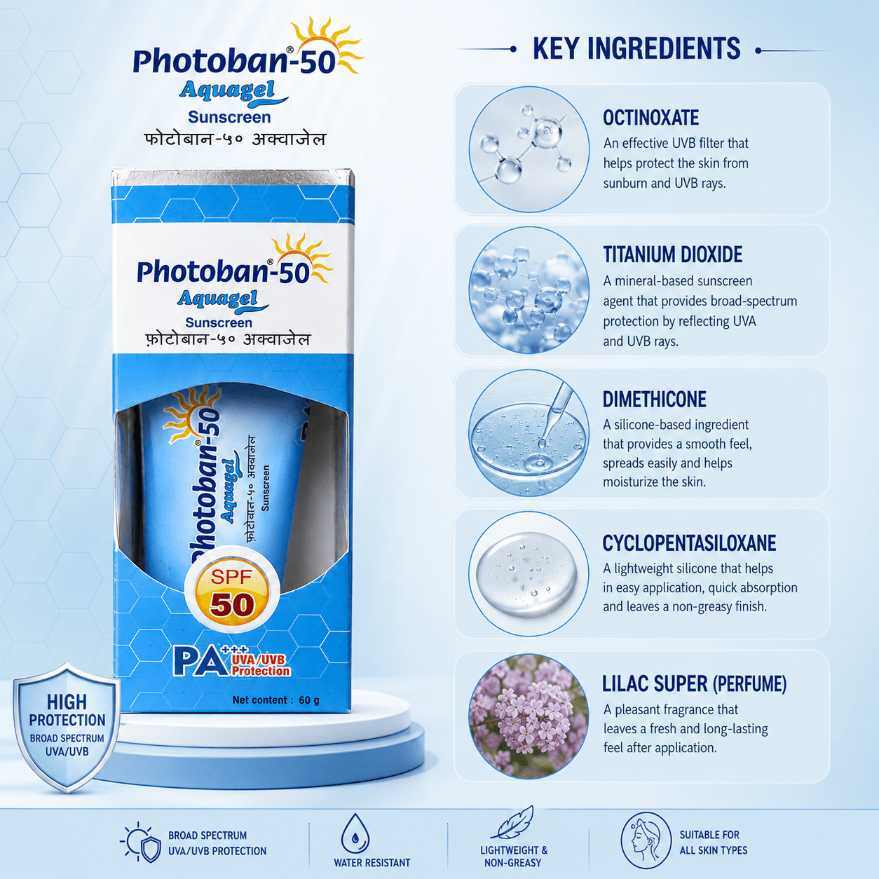 Photoban-50 Aquagel Sunscreen SPF 50 PA+++ (60g) - Cosmosentials