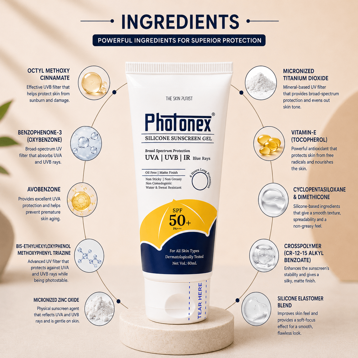 Photonex Silicone Sunscreen Gel SPF 50+ PA+++ - Cosmosentials