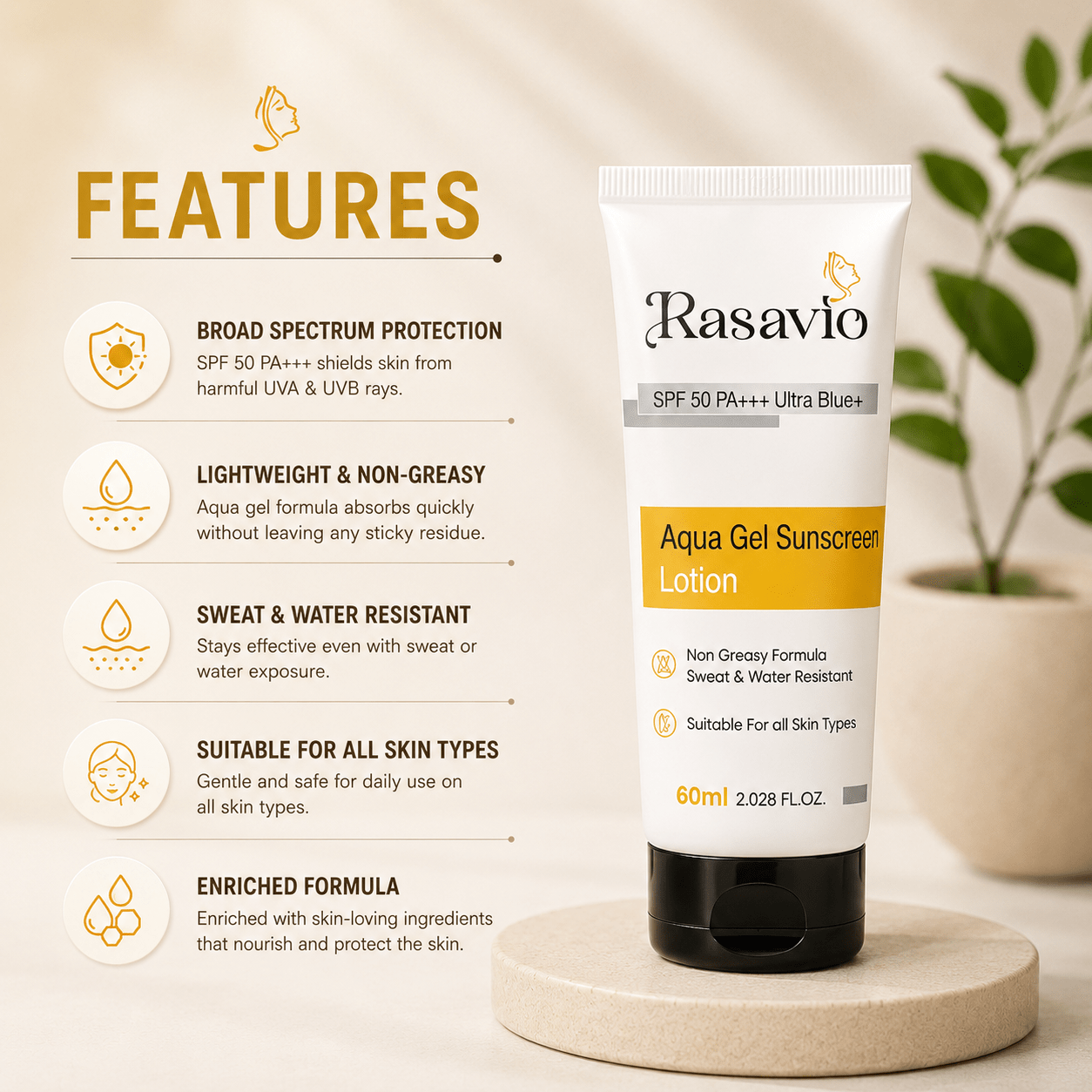Rasavio Aqua Gel Sunscreen Lotion SPF 50 PA+++ Ultra Blue - Cosmosentials