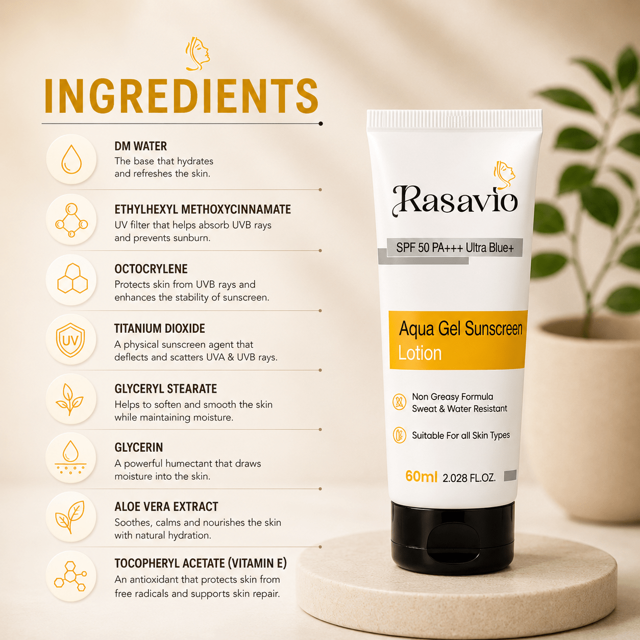 Rasavio Aqua Gel Sunscreen Lotion SPF 50 PA+++ Ultra Blue - Cosmosentials