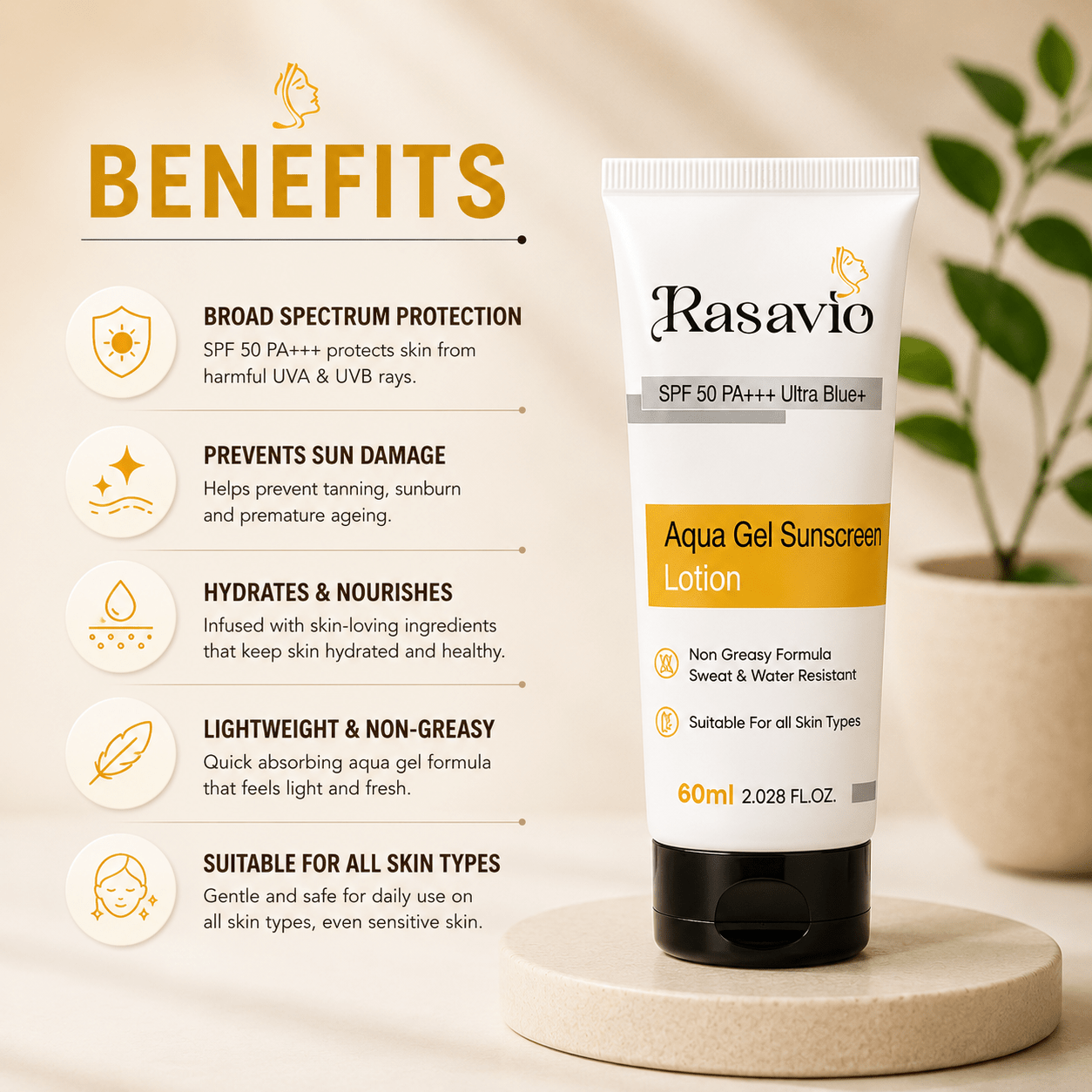 Rasavio Aqua Gel Sunscreen Lotion SPF 50 PA+++ Ultra Blue - Cosmosentials