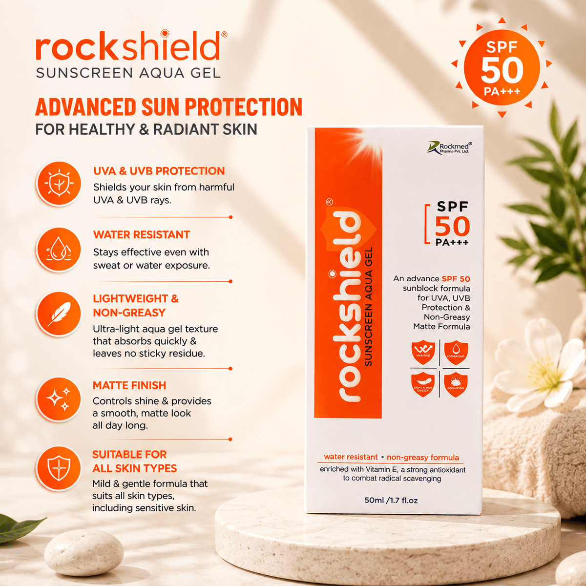 Rockshield Sunscreen Aqua Gel SPF 50+ PA+++ - Cosmosentials
