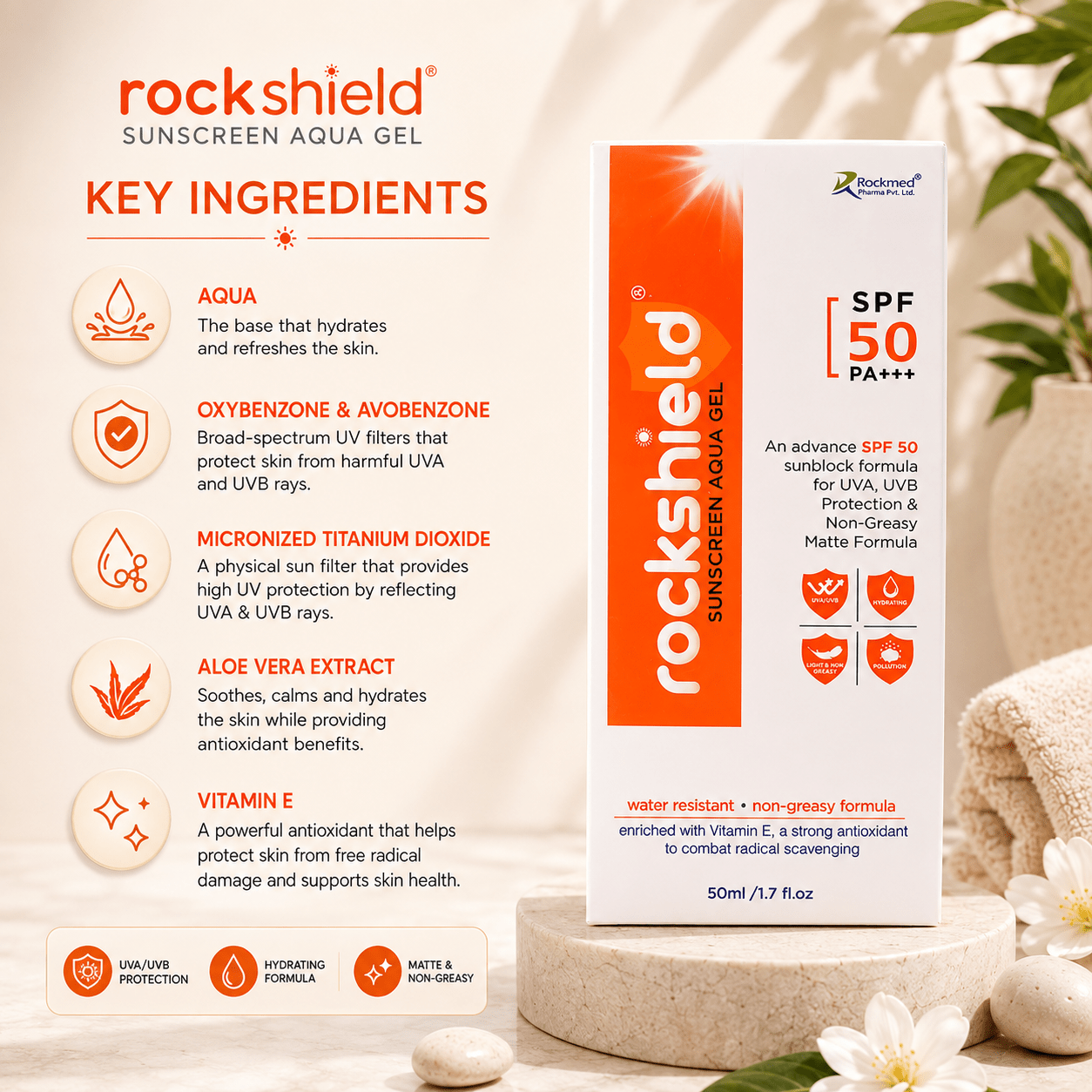 Rockshield Sunscreen Aqua Gel SPF 50+ PA+++ - Cosmosentials