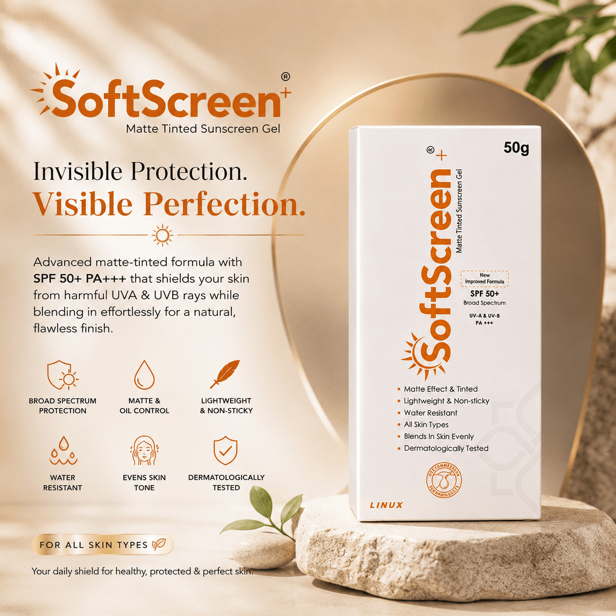 SoftScreen+ Matte Tinted Sunscreen Gel SPF 50+ (50g) - Cosmosentials