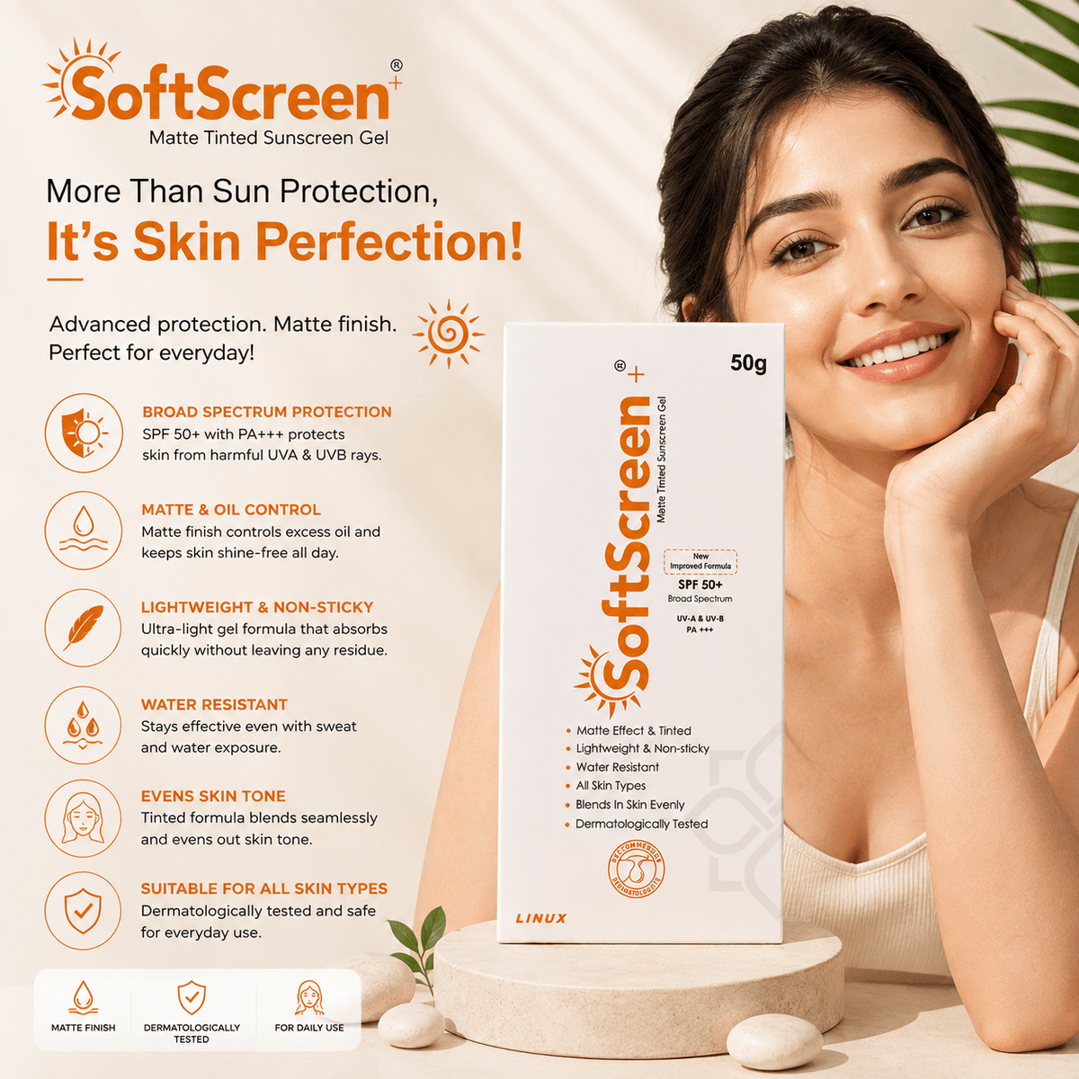 SoftScreen+ Matte Tinted Sunscreen Gel SPF 50+ (50g) - Cosmosentials