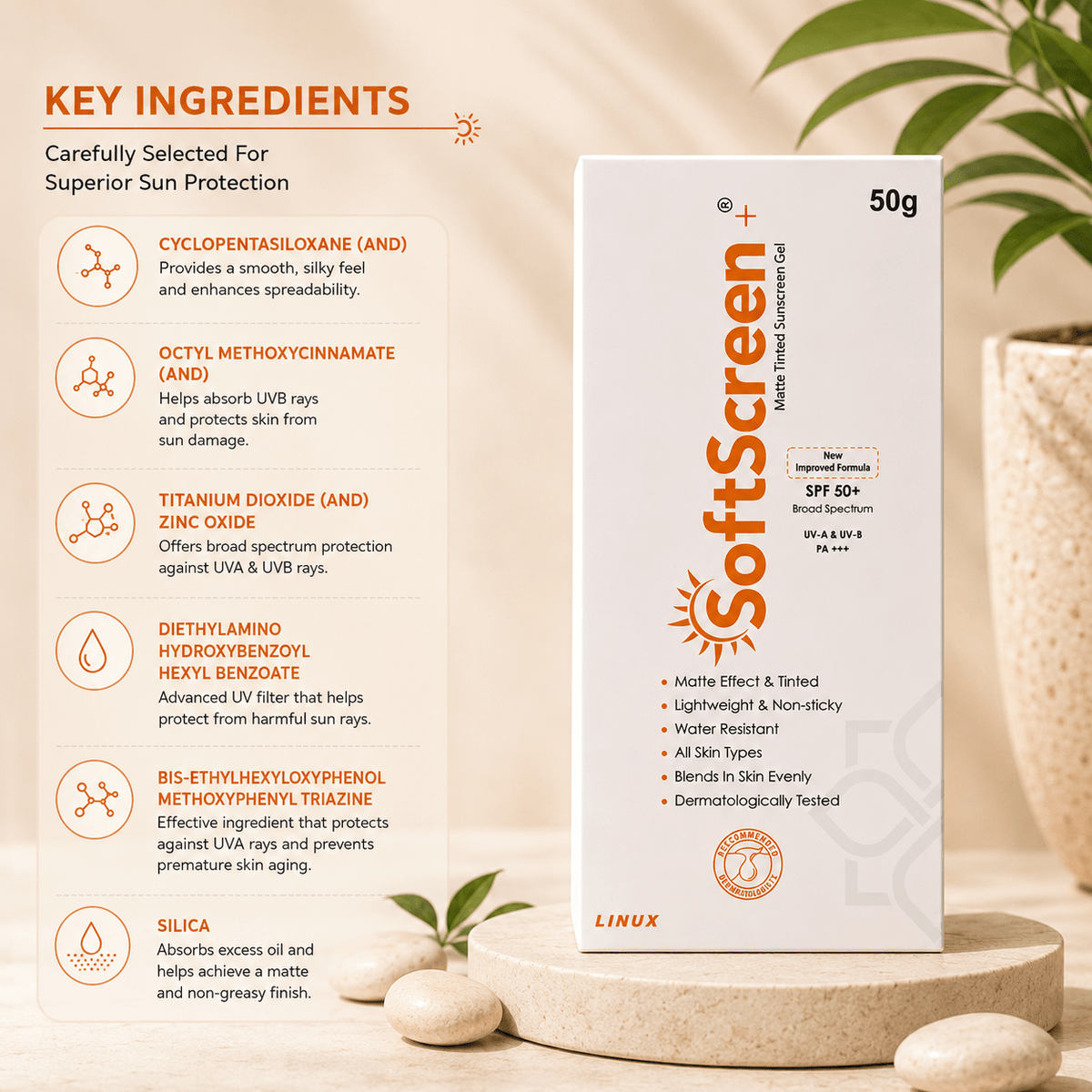 SoftScreen+ Matte Tinted Sunscreen Gel SPF 50+ (50g) - Cosmosentials