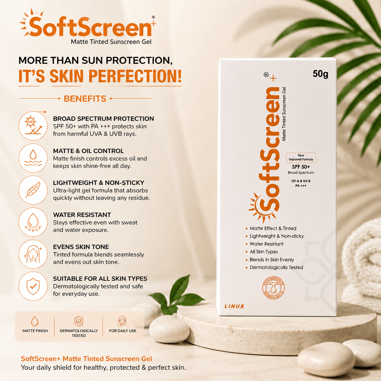 SoftScreen+ Matte Tinted Sunscreen Gel SPF 50+ (50g) - Cosmosentials