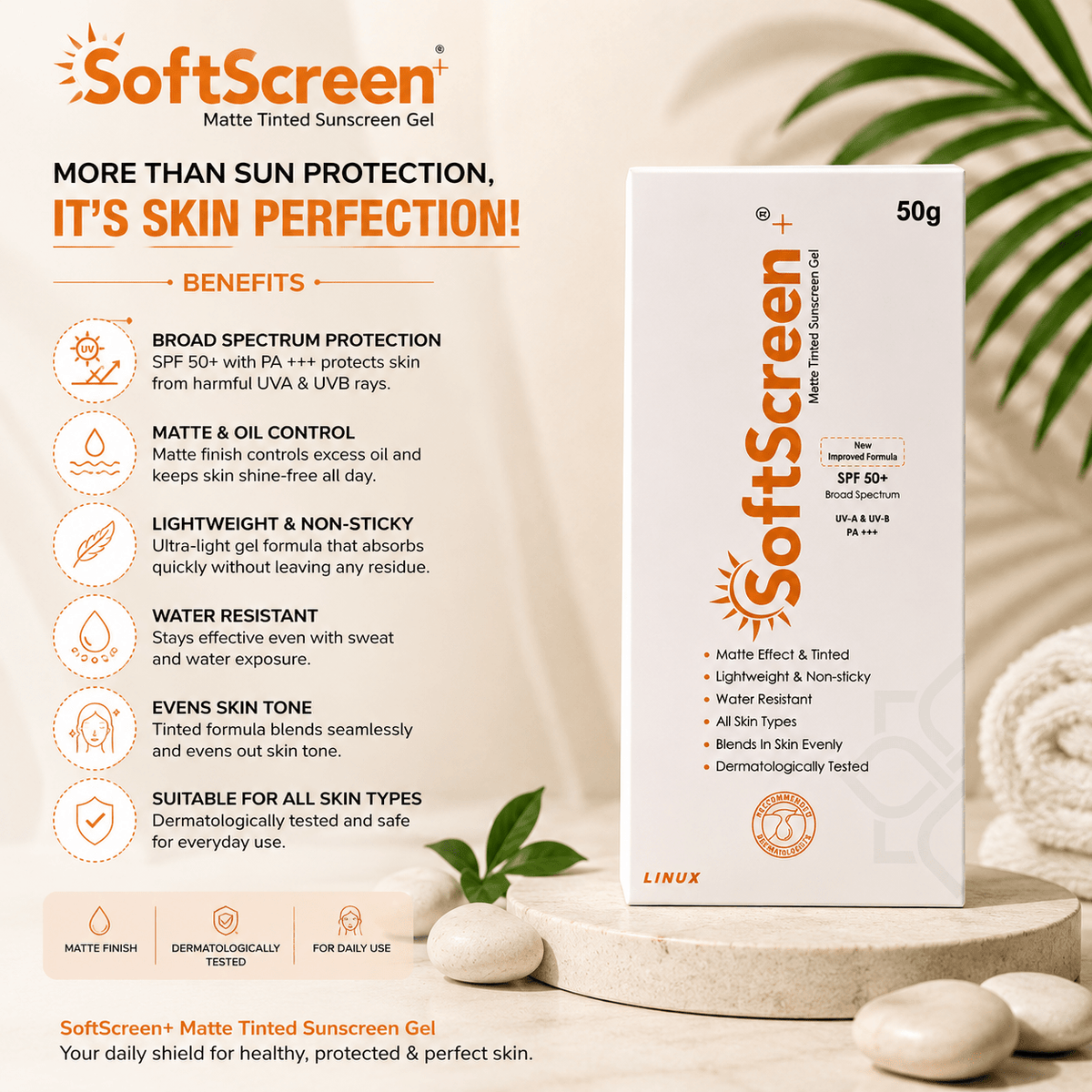 SoftScreen+ Matte Tinted Sunscreen Gel SPF 50+ (50g) - Cosmosentials