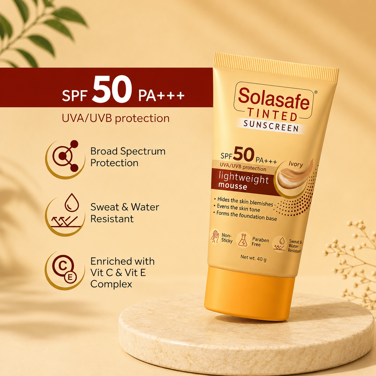 Solasafe Tinted Sunscreen SPF 50 PA+++ (Ivory) - Cosmosentials