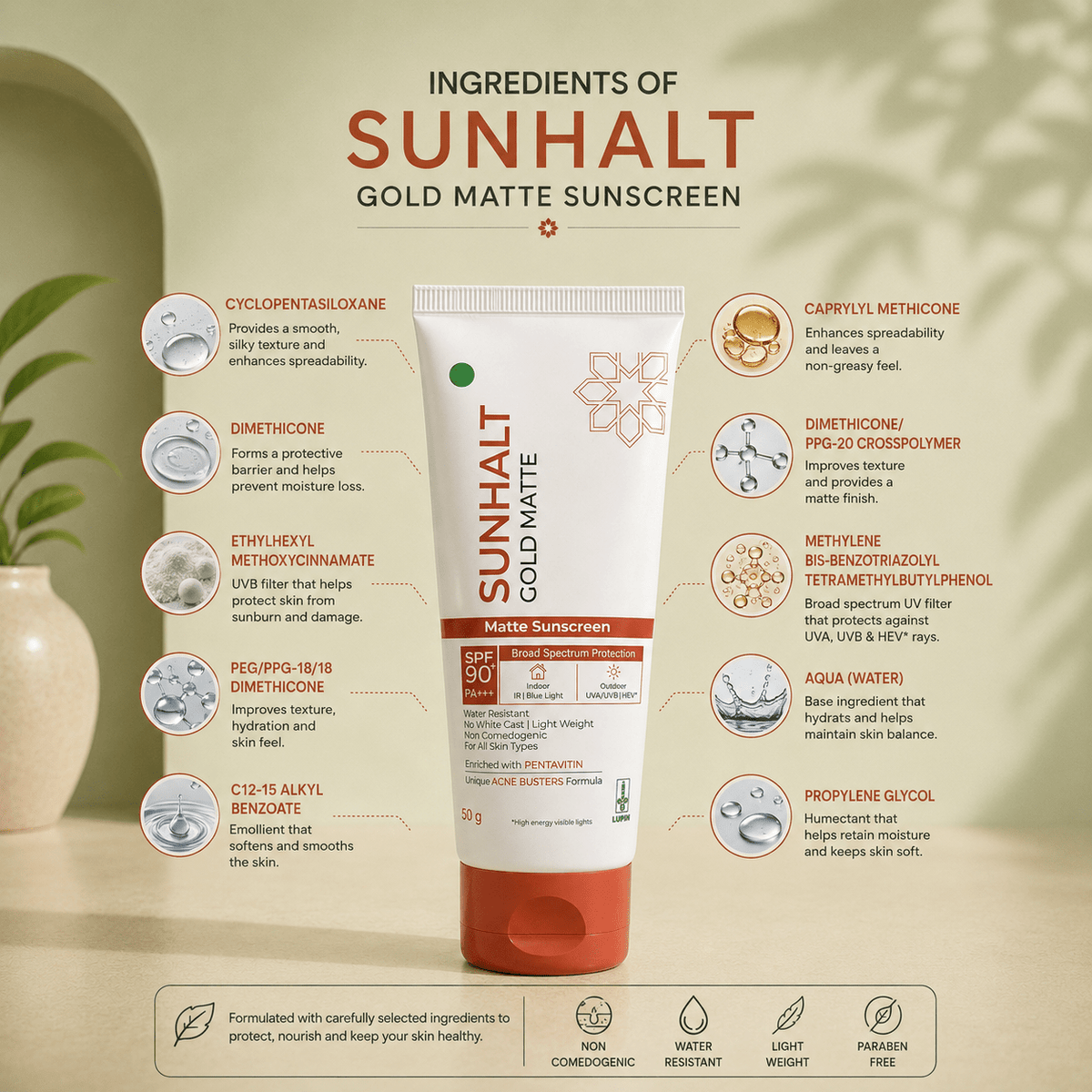 Sunhalt Gold Matte Sunscreen SPF 90 PA+++ - Cosmosentials