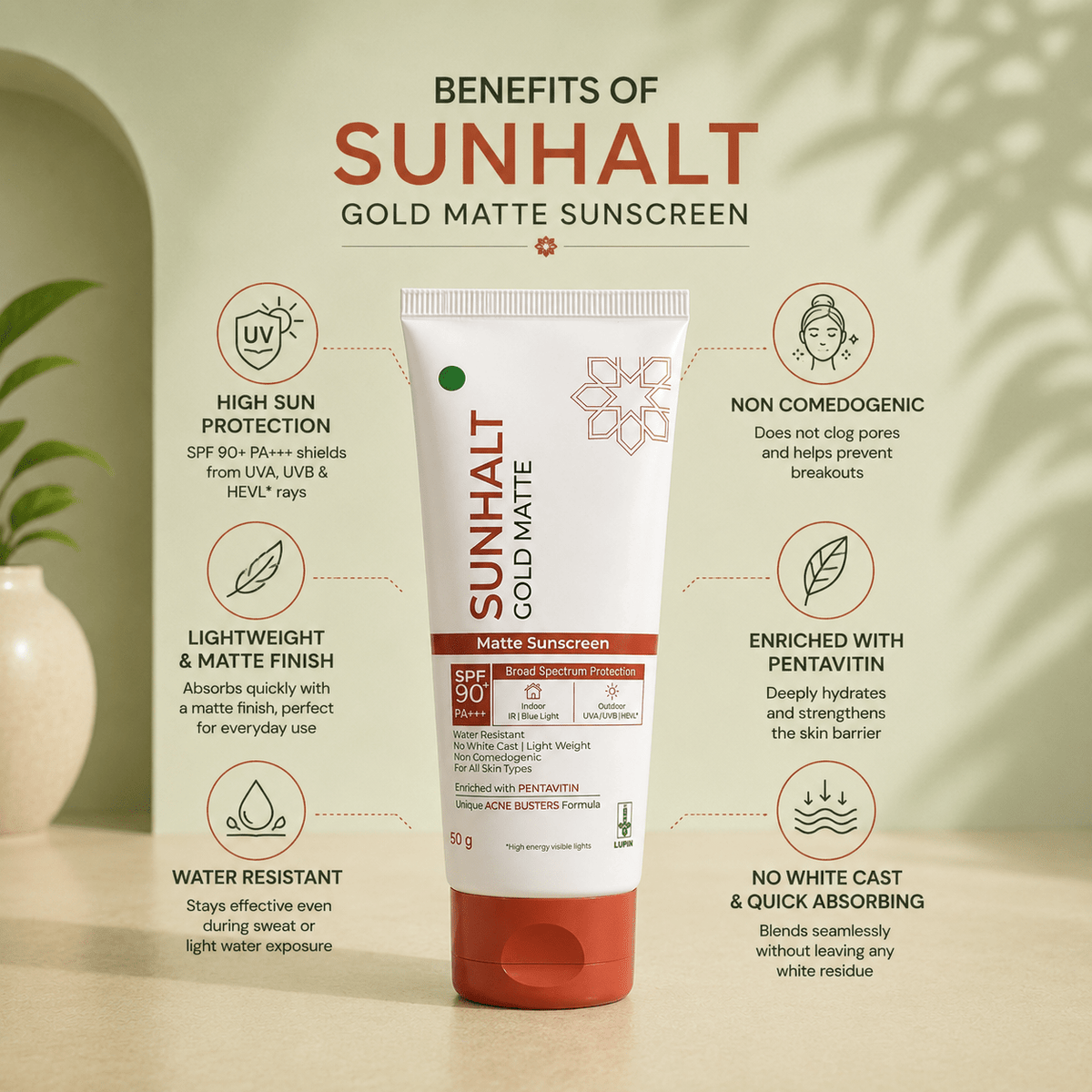 Sunhalt Gold Matte Sunscreen SPF 90 PA+++ - Cosmosentials