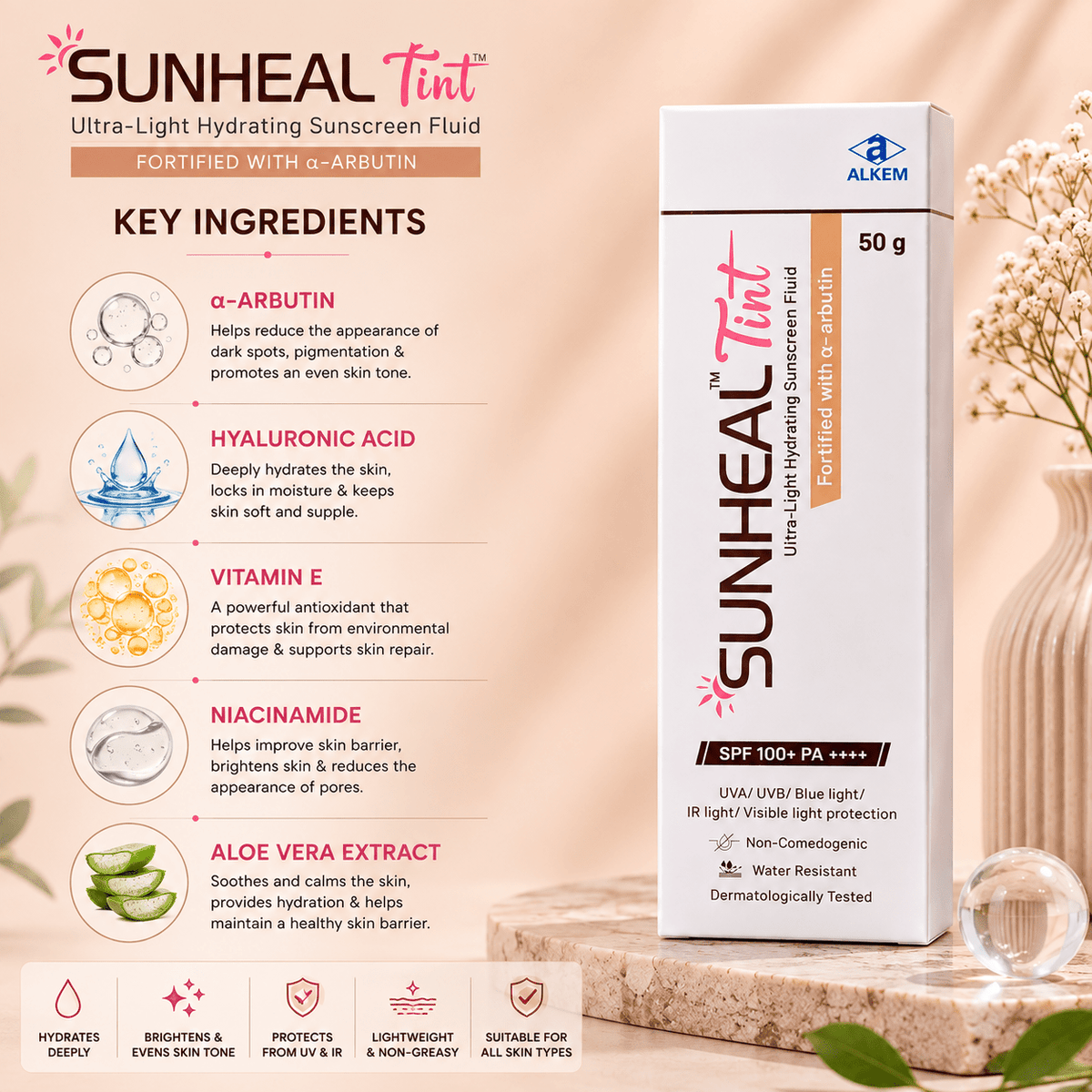 Sunheal Tint SPF 100+ PA++++ Ultra-Light Hydrating Sunscreen Fluid - Cosmosentials