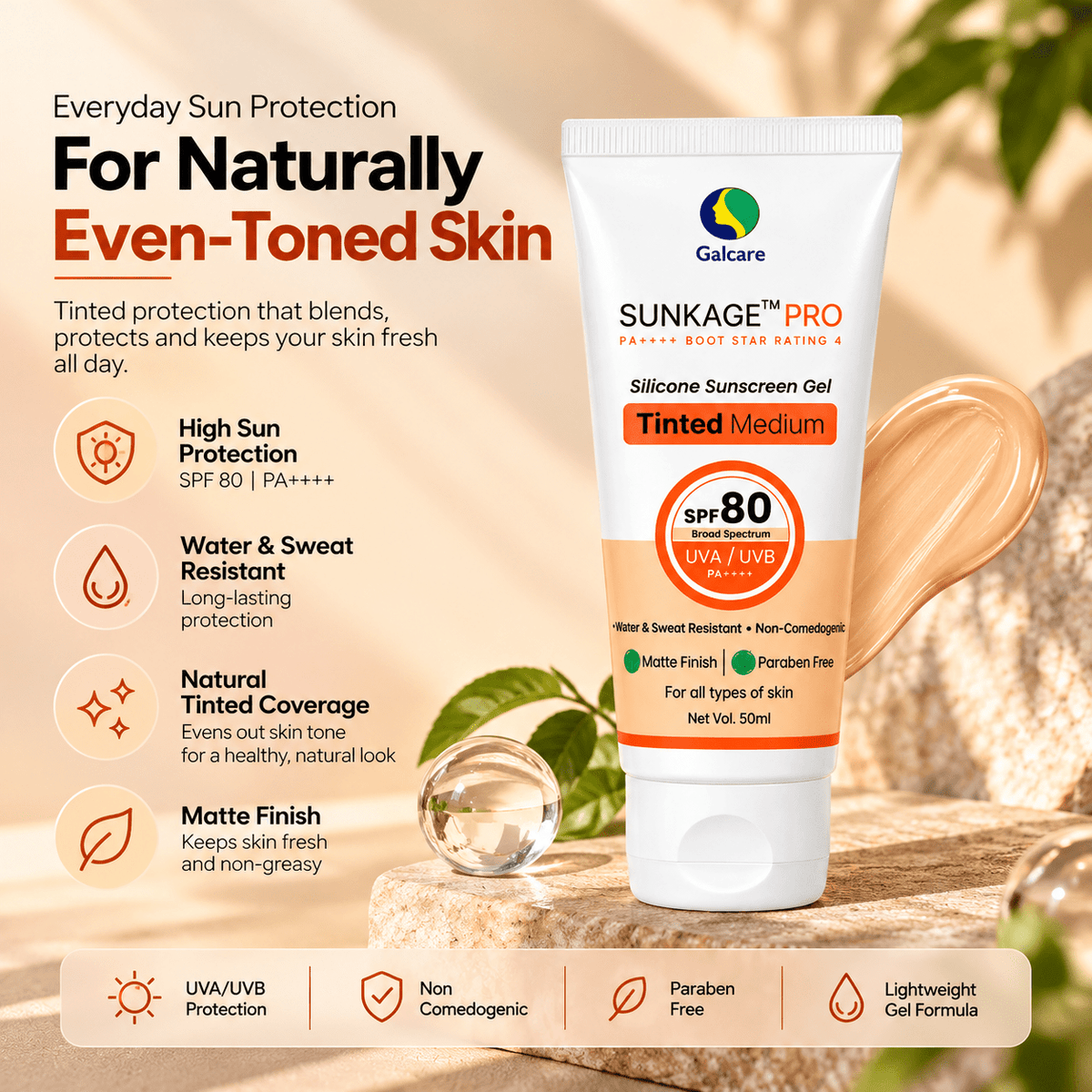 Sunkage Pro SPF 80 Tinted Medium Silicone Sunscreen Gel - Cosmosentials