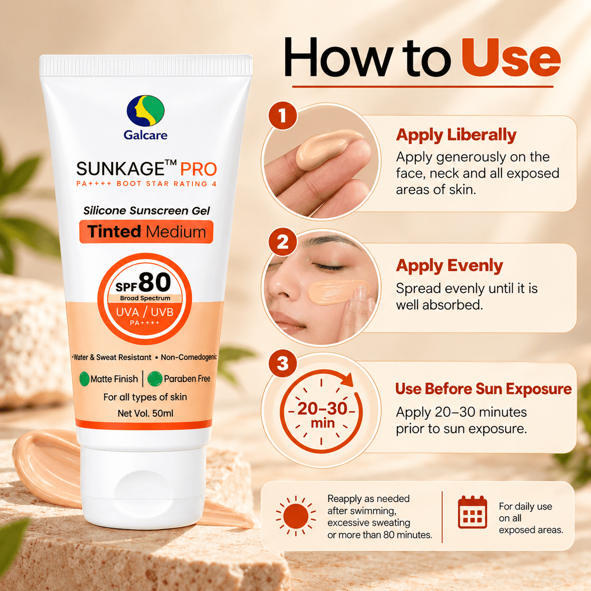 Sunkage Pro SPF 80 Tinted Medium Silicone Sunscreen Gel - Cosmosentials