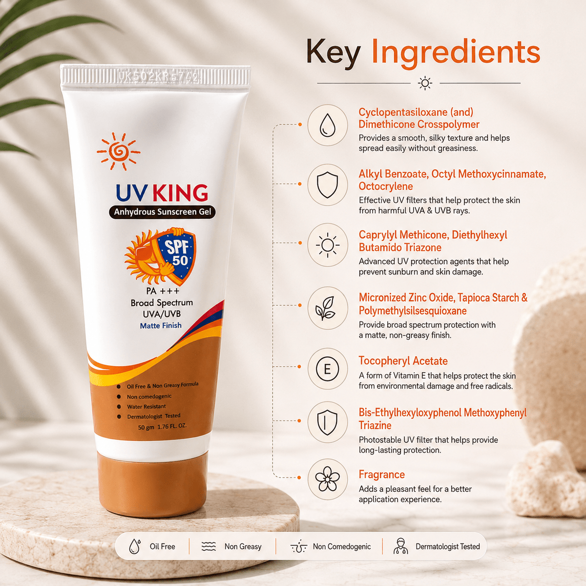UV KING Anhydrous Sunscreen Gel SPF 50 PA+++ 50g - Cosmosentials