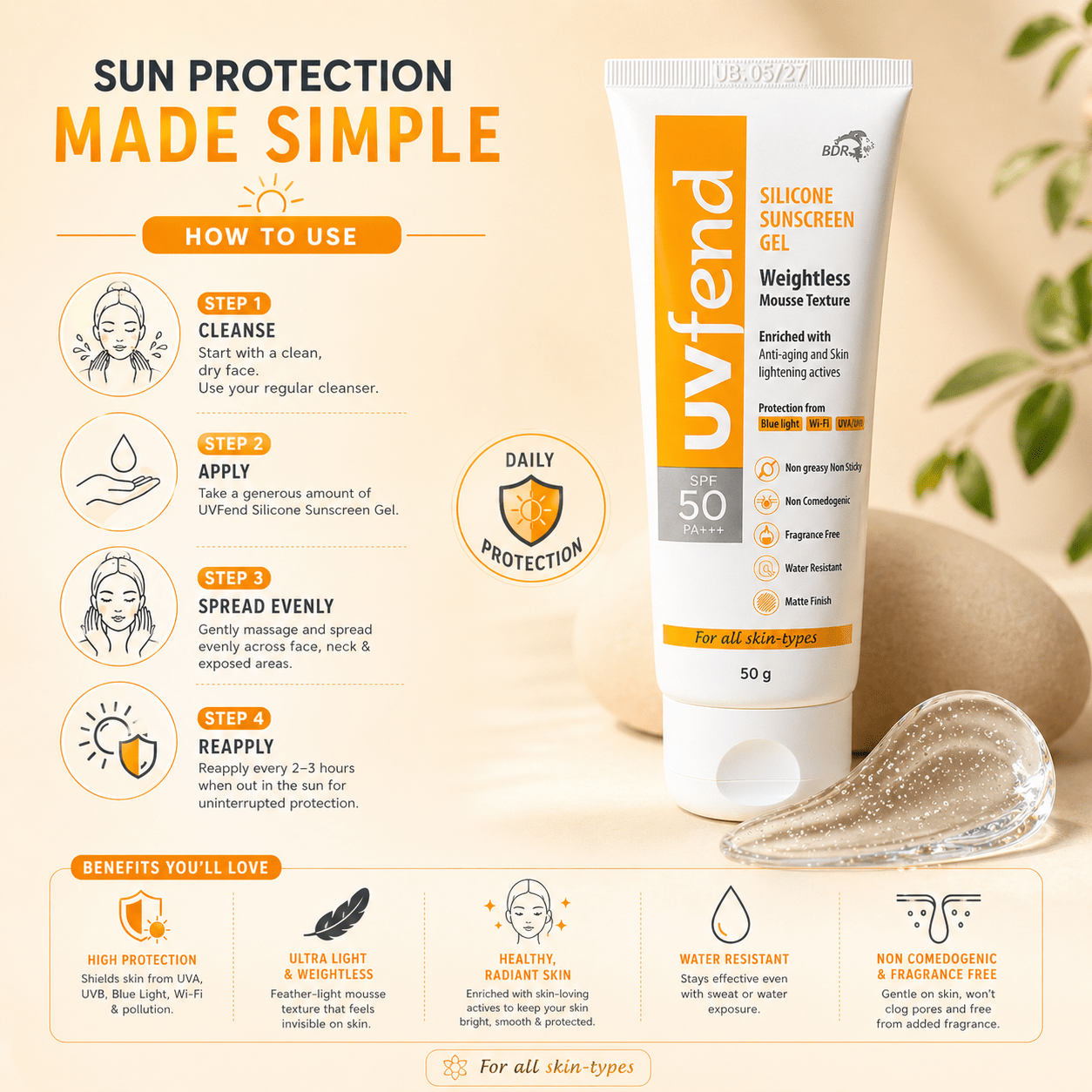 UVfend Silicone Sunscreen Gel SPF 50 PA+++ - Cosmosentials