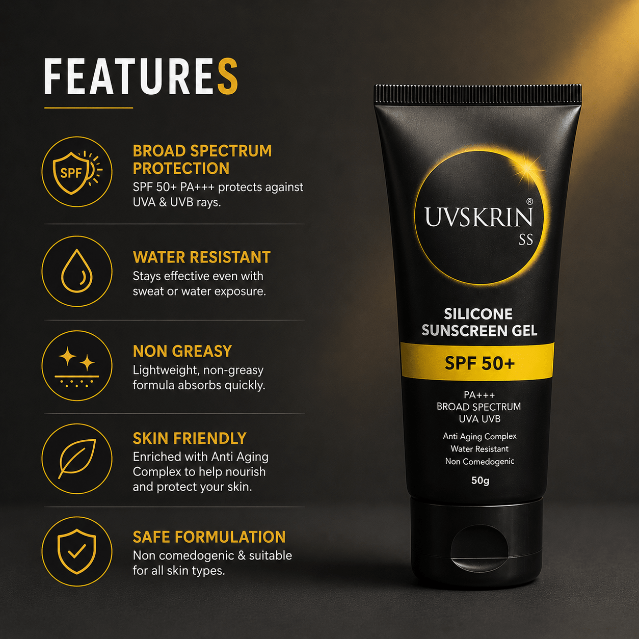 UVSKRIN SS Silicone Sunscreen Gel SPF 50+ PA+++ - Cosmosentials